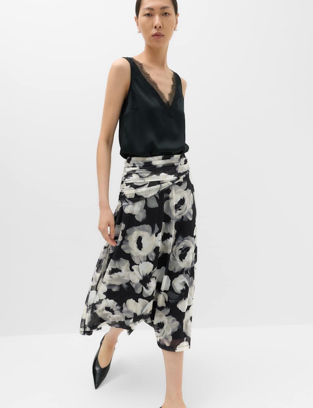 Marks & Spencer M&S Mesh Floral Ruched Midi Skirt Black Mix