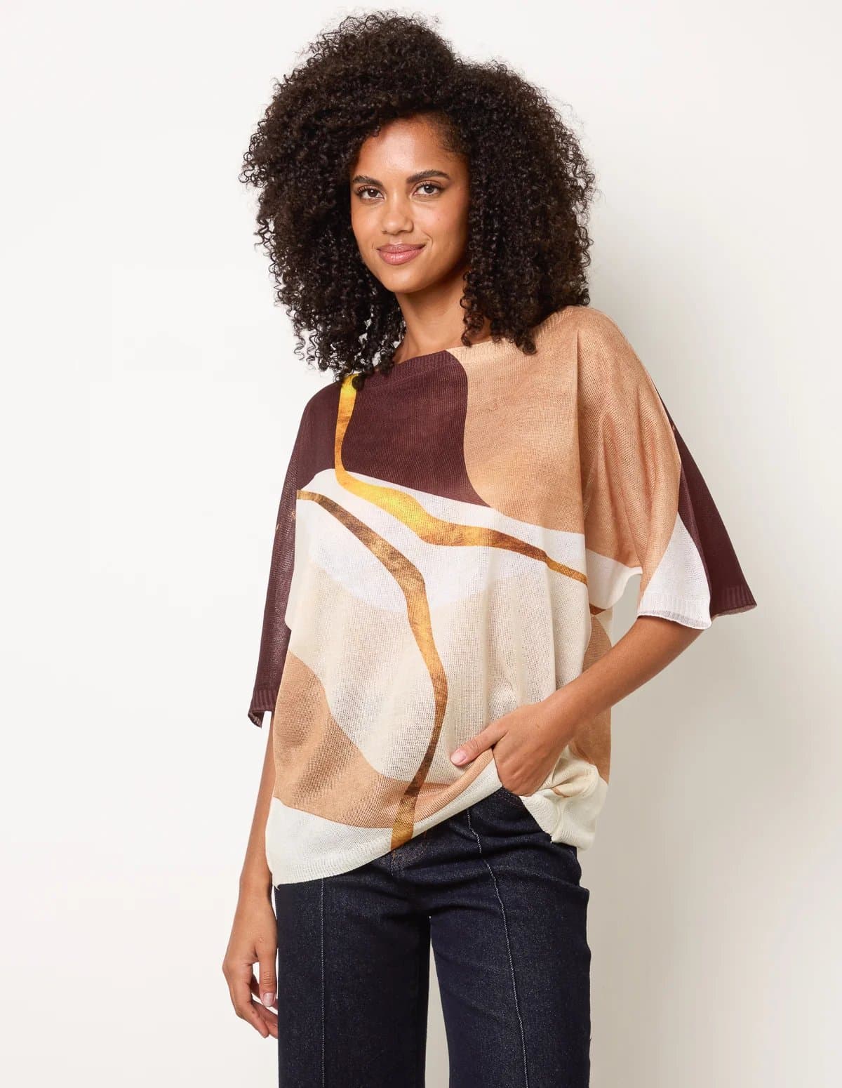 Blue Vanilla Striking Watercolour Fine Knit Abstract Top