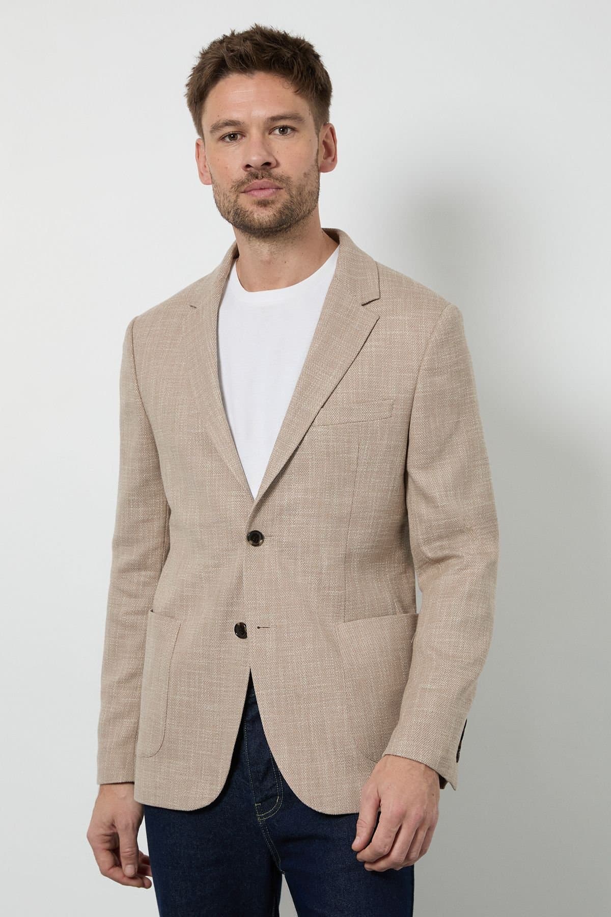 Burton Burton Men's Beige Textured Patch Pocket Slim Fit Blazer