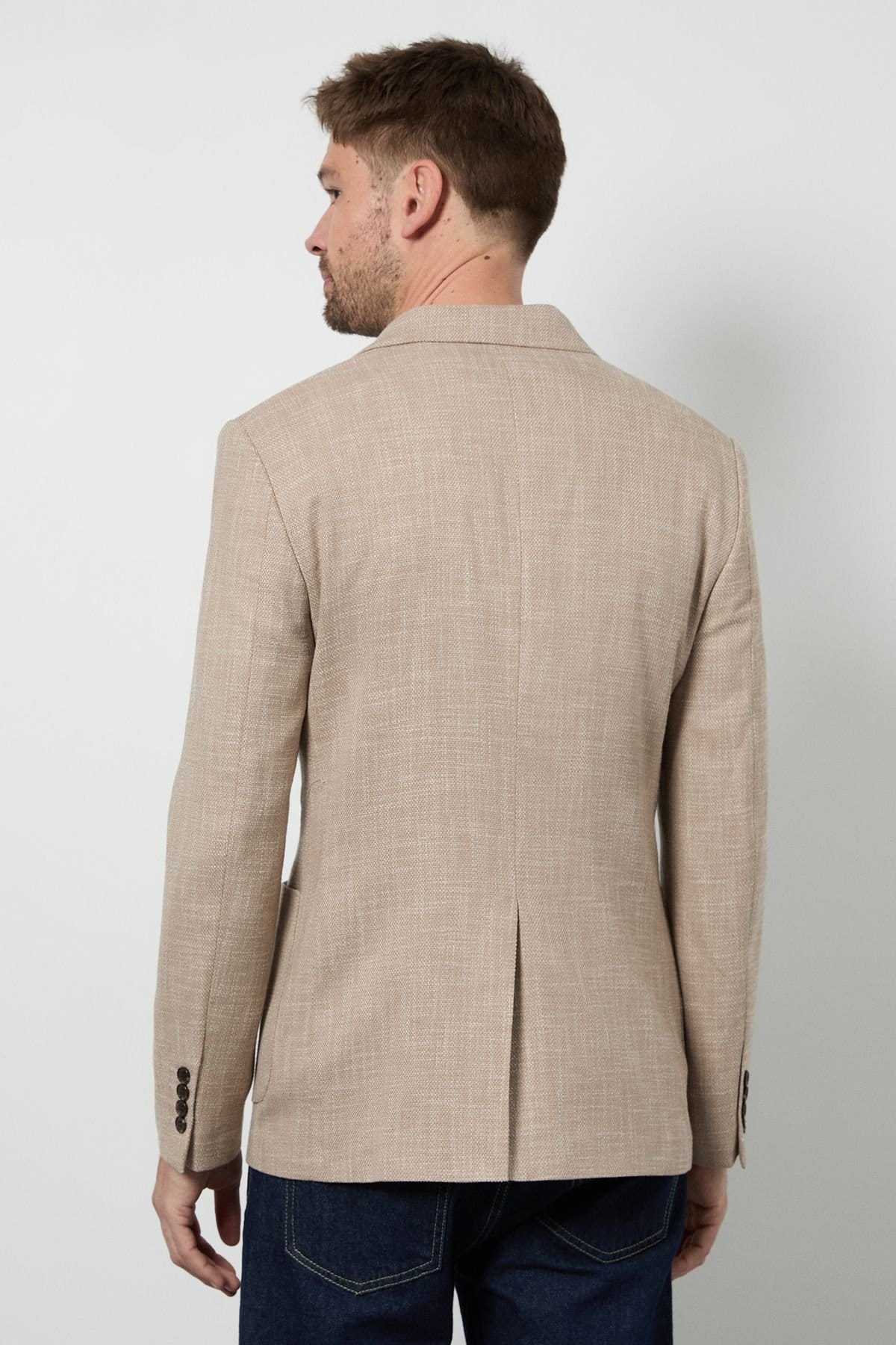 Burton Burton Men's Beige Textured Patch Pocket Slim Fit Blazer - 4