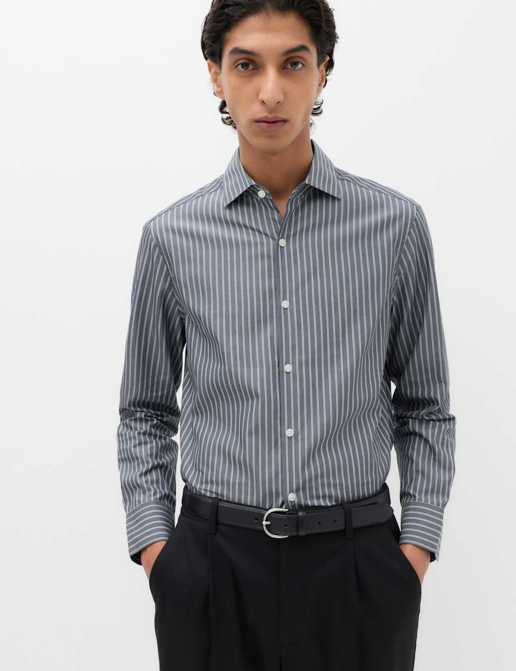 Marks & Spencer M&S Regular Fit Pure Cotton Striped Shirt Grey Mix