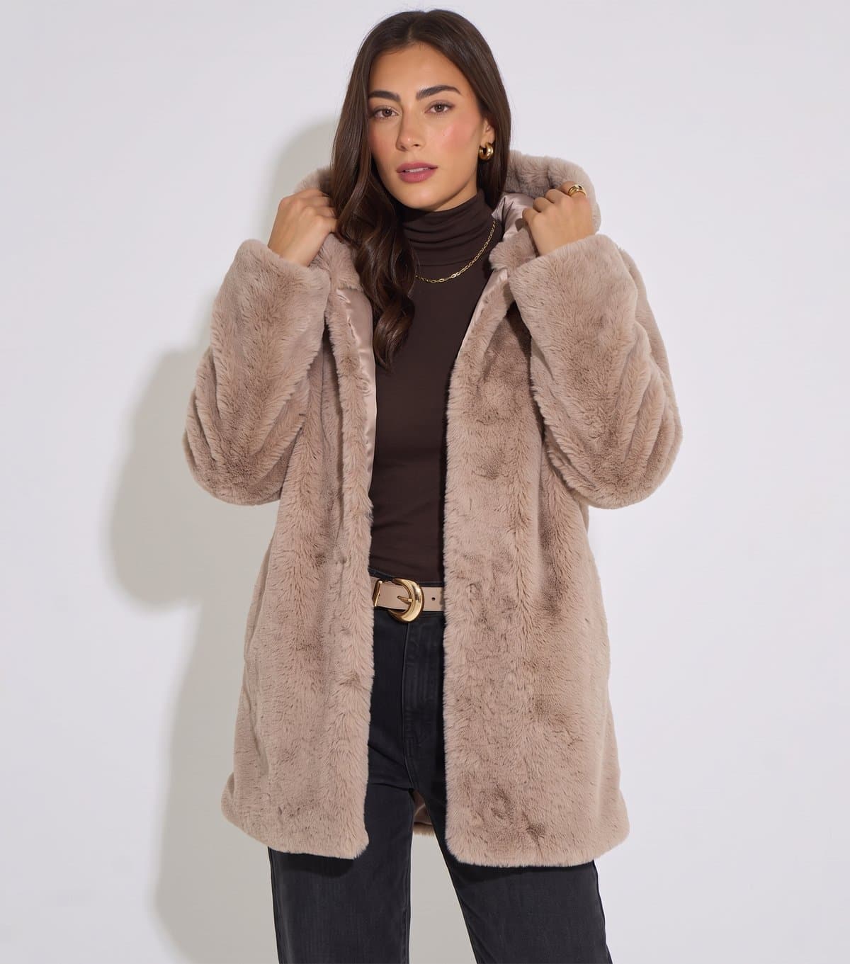 Gini London Women's Dark Brown Hooded Long Sleeve Faux Fur Jacket Gini London New Look
