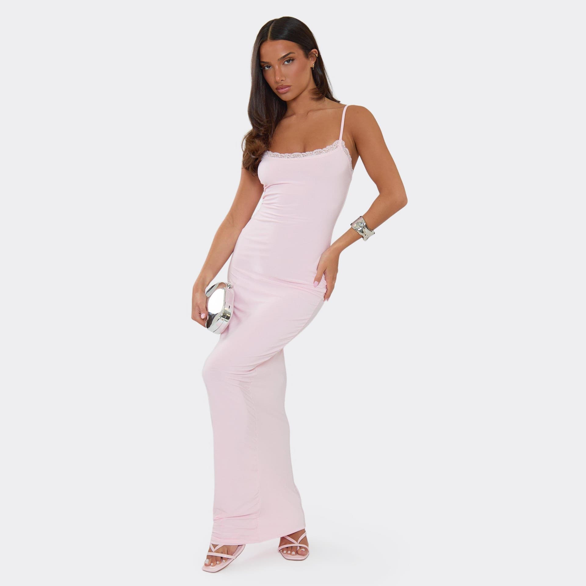 EGO Scoop Neck Lace Trim Strappy Maxi Dress In Pink, Women's Size UK 8