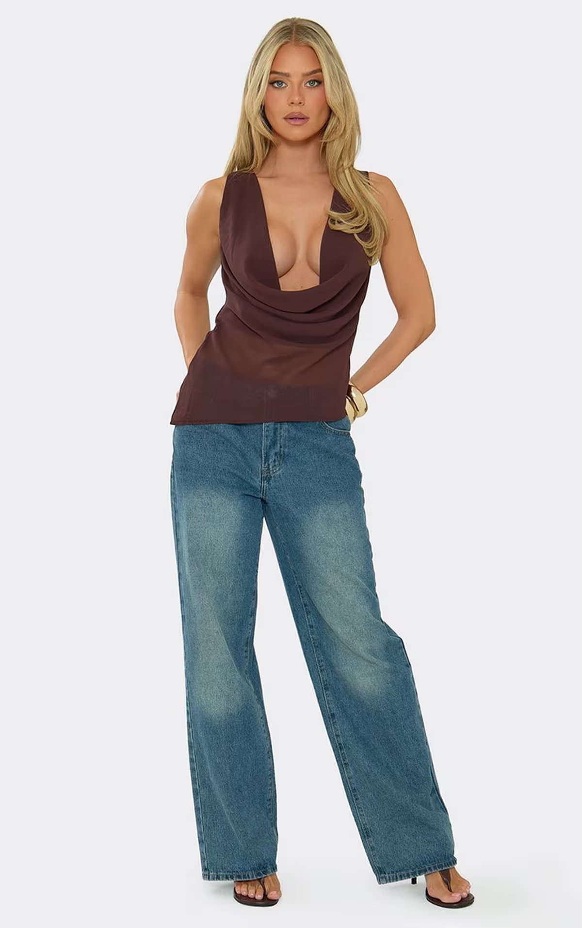 EGO Cowl Neck Asymmetric Top In Chocolate Brown Chiffon, Women's Size UK 6