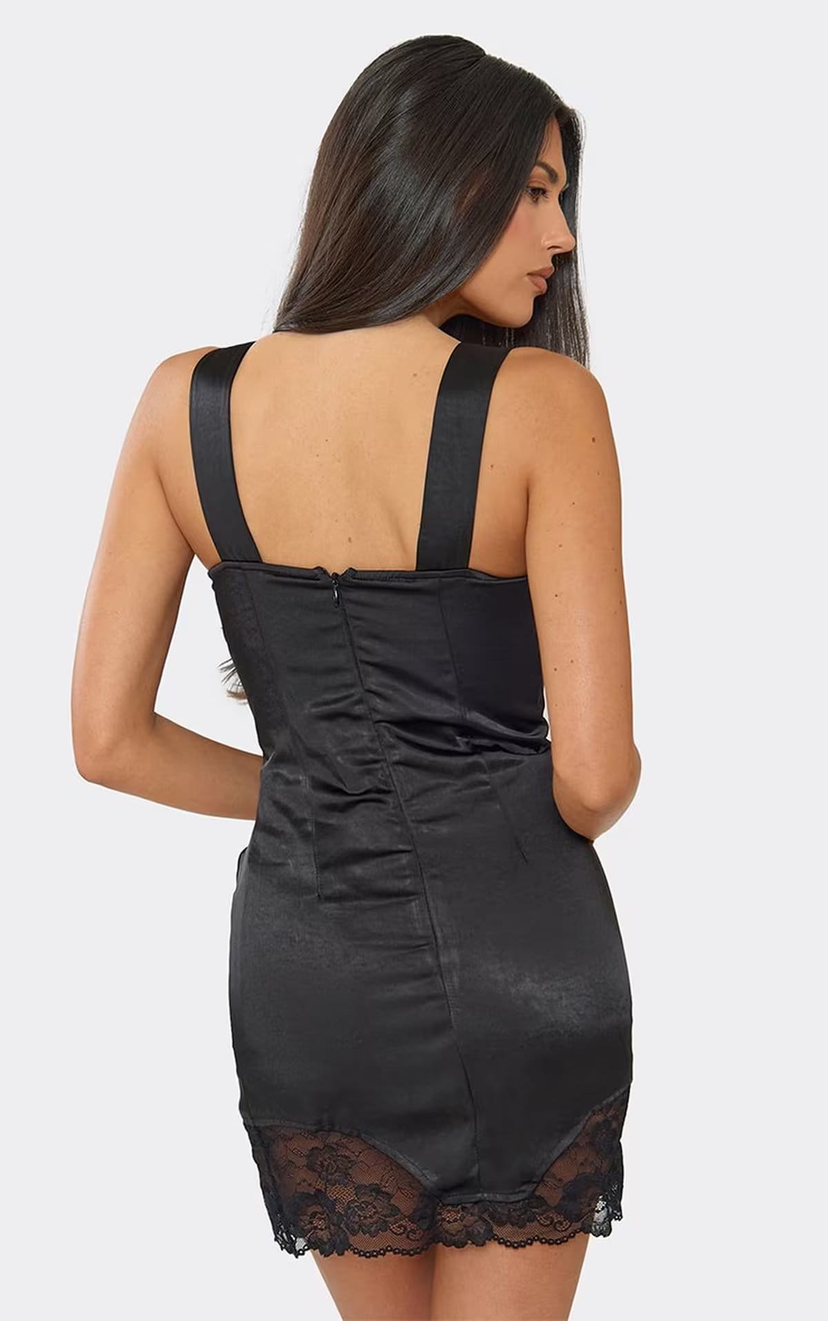 EGO Plunge Cupped Boning Detail Lace Trim Mini Dress In Black, Women's Size UK 10 - 1