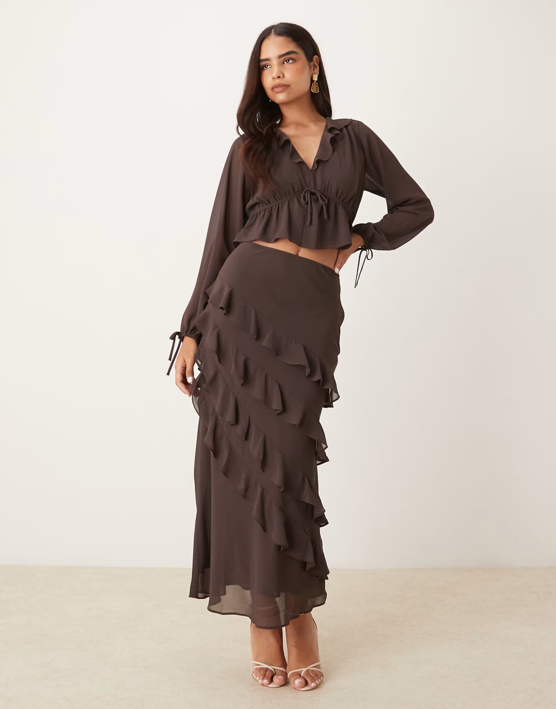 ASOS Nobody's Child Arden ruffle midi skirt co-ord in chocolate