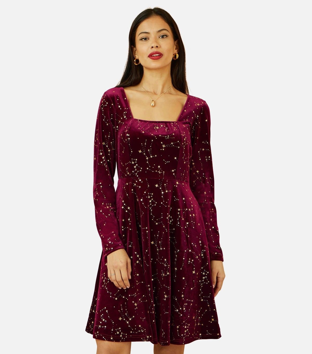 Yumi Women's Burgundy Constellations Foil Mini Dress Yumi New Look