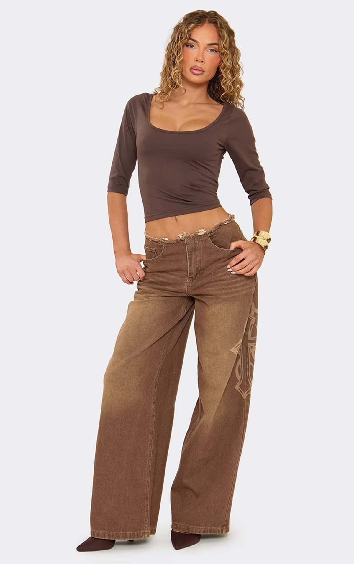 EGO Low Rise Frayed Edge Side Slogan Detail Wide Leg Jeans In Brown Denim, Women's Size UK 6