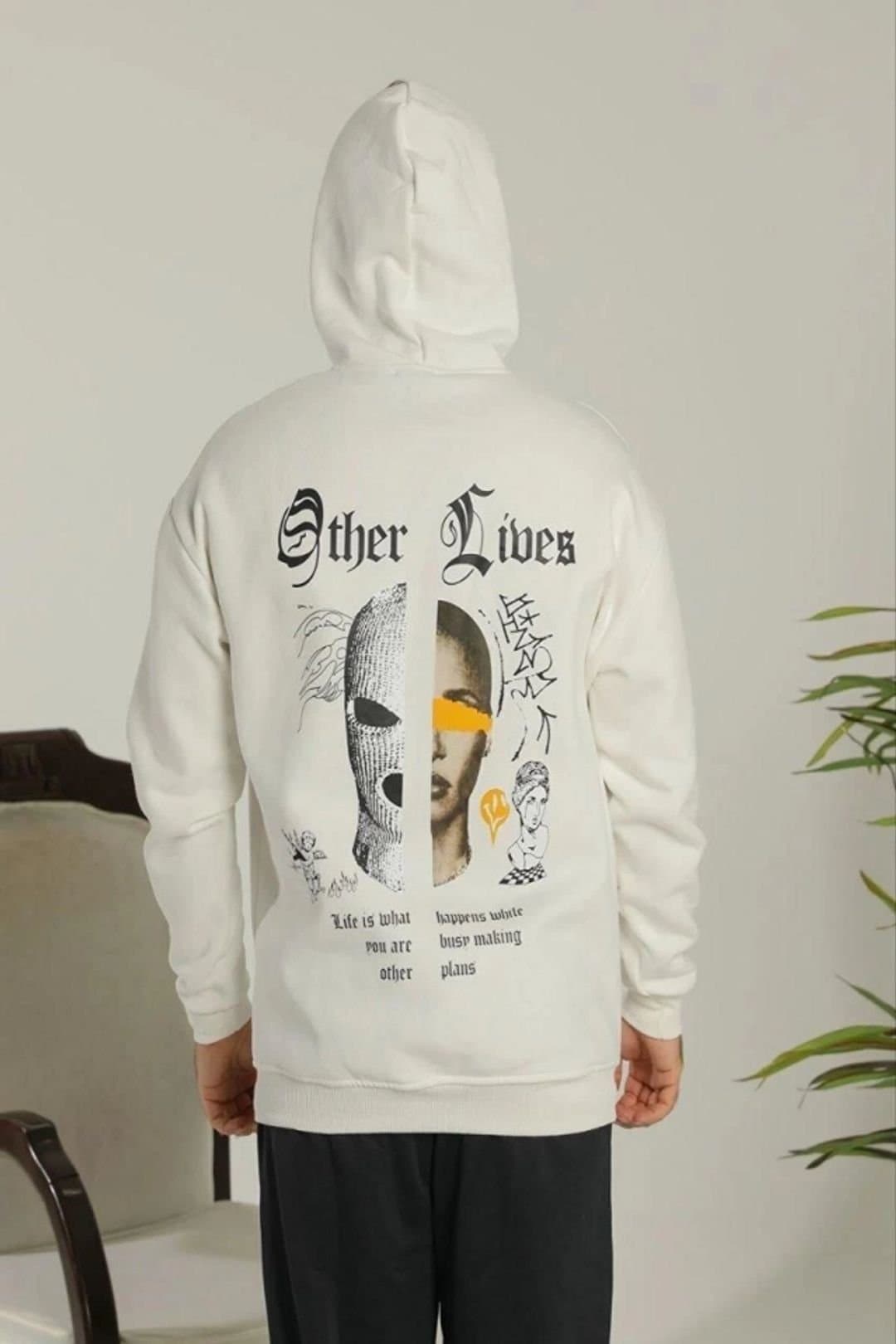 Janes Janes Men's Oversized Hooded Sweatshirt with Back Print in White