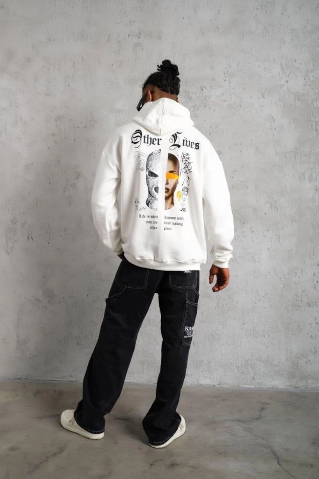 Janes Janes Men's Oversized Hooded Sweatshirt with Back Print in White - 4