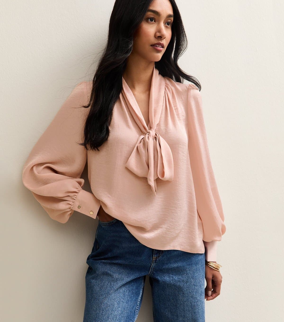 New Look New Look Mid Pink V-Neck Pussybow Blouse