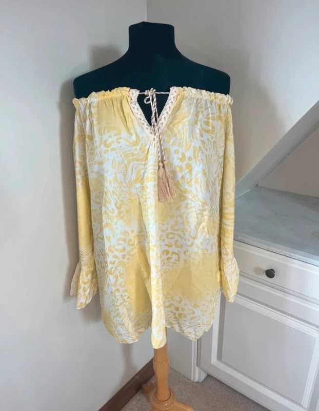 M-Made in Italy Made in Italy Viscose Yellow Lemon Leopard Print Tassel Tie Frill Top Blouse One Size 8-16