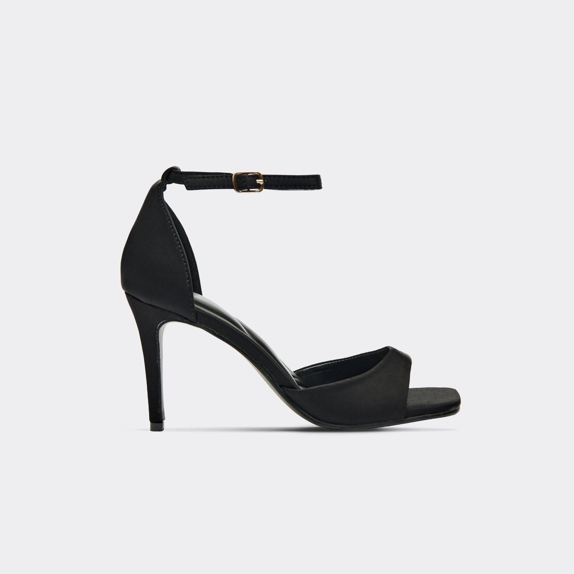 EGO EGO Black Satin Ankle Strap Square Peep Toe Heels