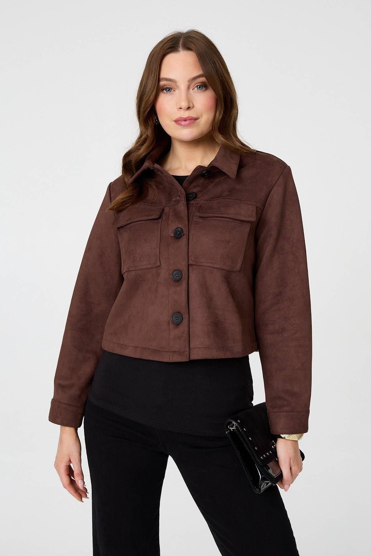 Izabel London Izabel London Women's Faux Suede Cropped Boxy Jacket in Brown