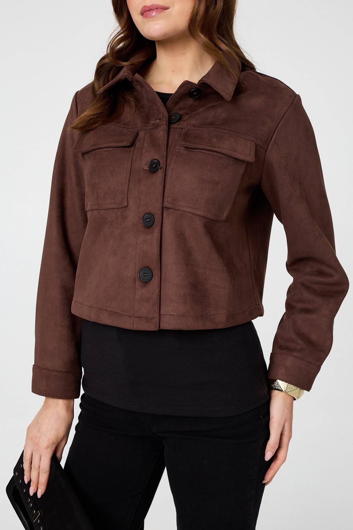 Izabel London Izabel London Women's Faux Suede Cropped Boxy Jacket in Brown - 2