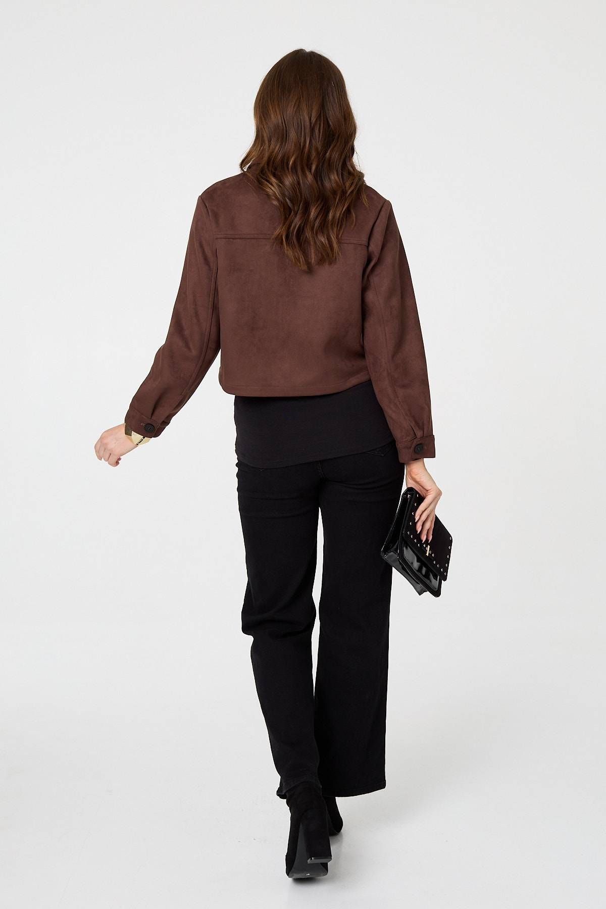 Izabel London Izabel London Women's Faux Suede Cropped Boxy Jacket in Brown - 3