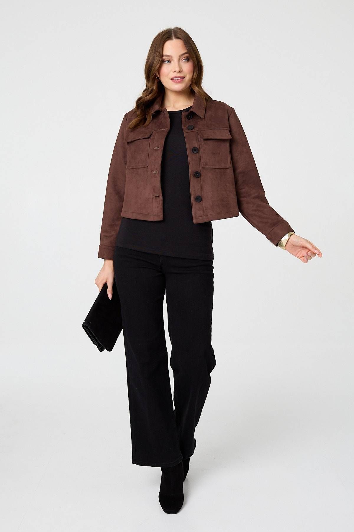 Izabel London Izabel London Women's Faux Suede Cropped Boxy Jacket in Brown - 4