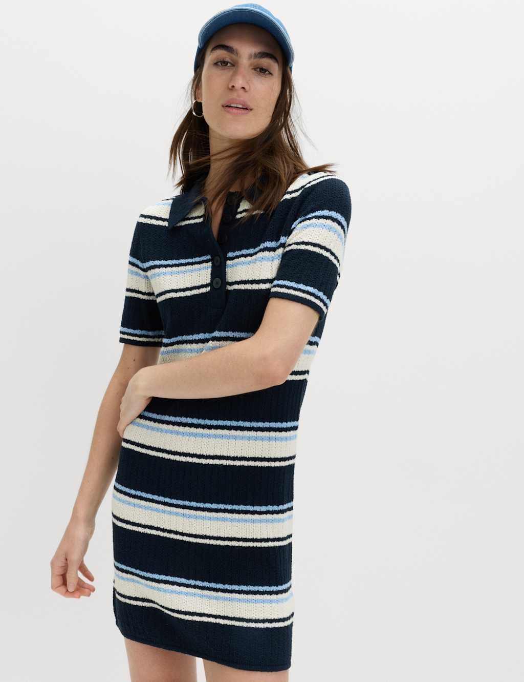 Marks & Spencer M&S Cotton Rich Striped Knitted Mini Dress Navy Mix