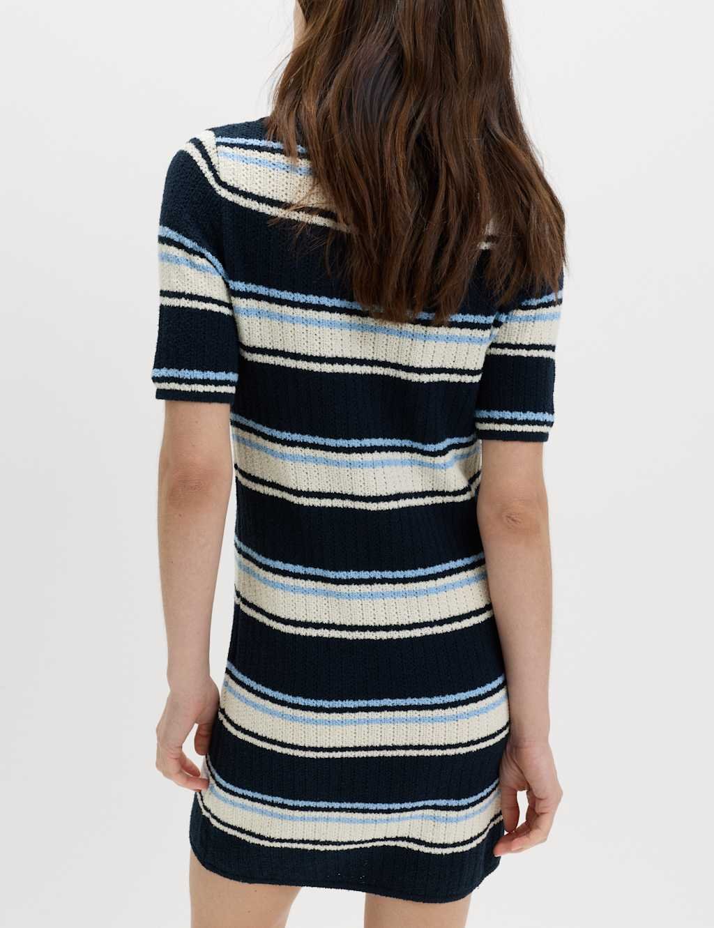 Marks & Spencer M&S Cotton Rich Striped Knitted Mini Dress Navy Mix - 3