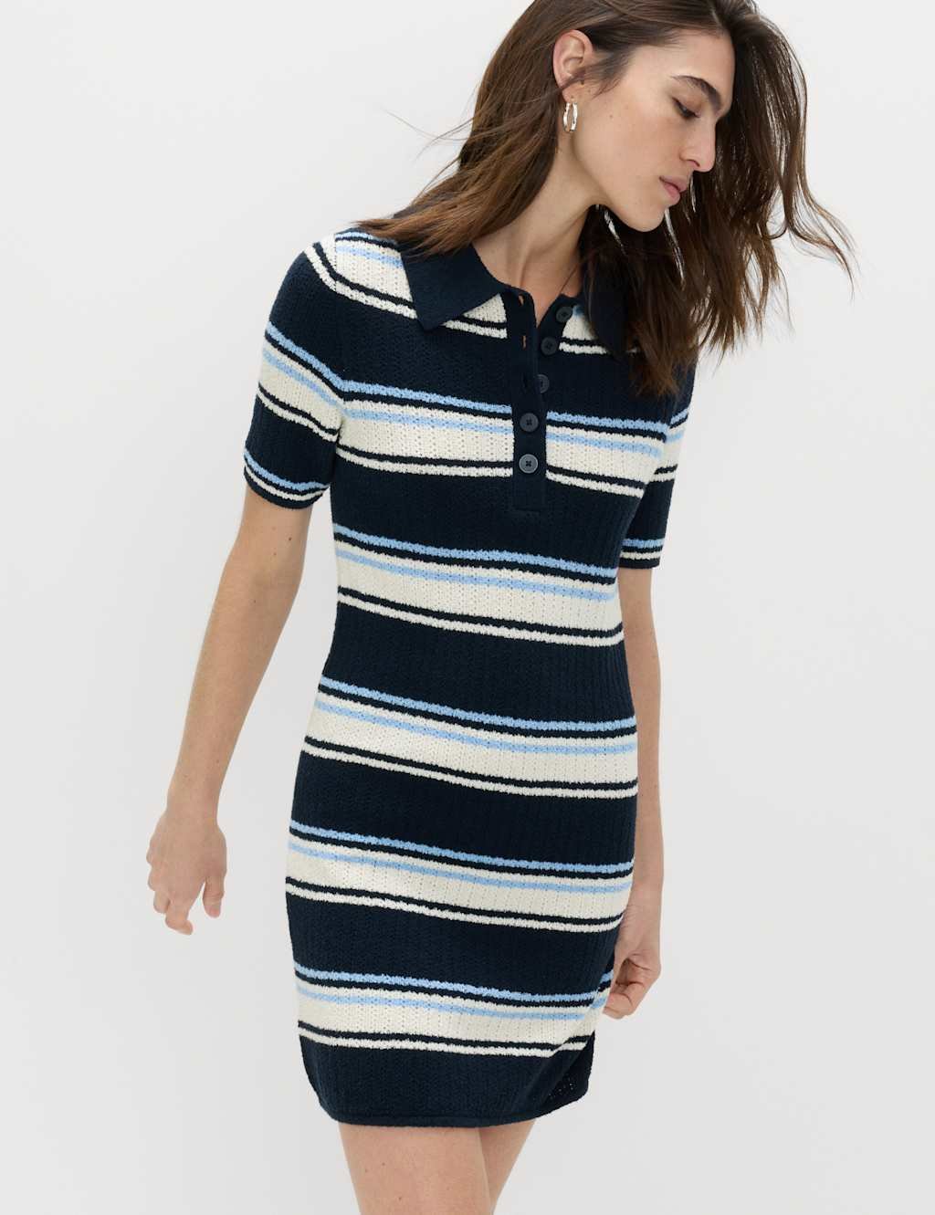 Marks & Spencer M&S Cotton Rich Striped Knitted Mini Dress Navy Mix - 4