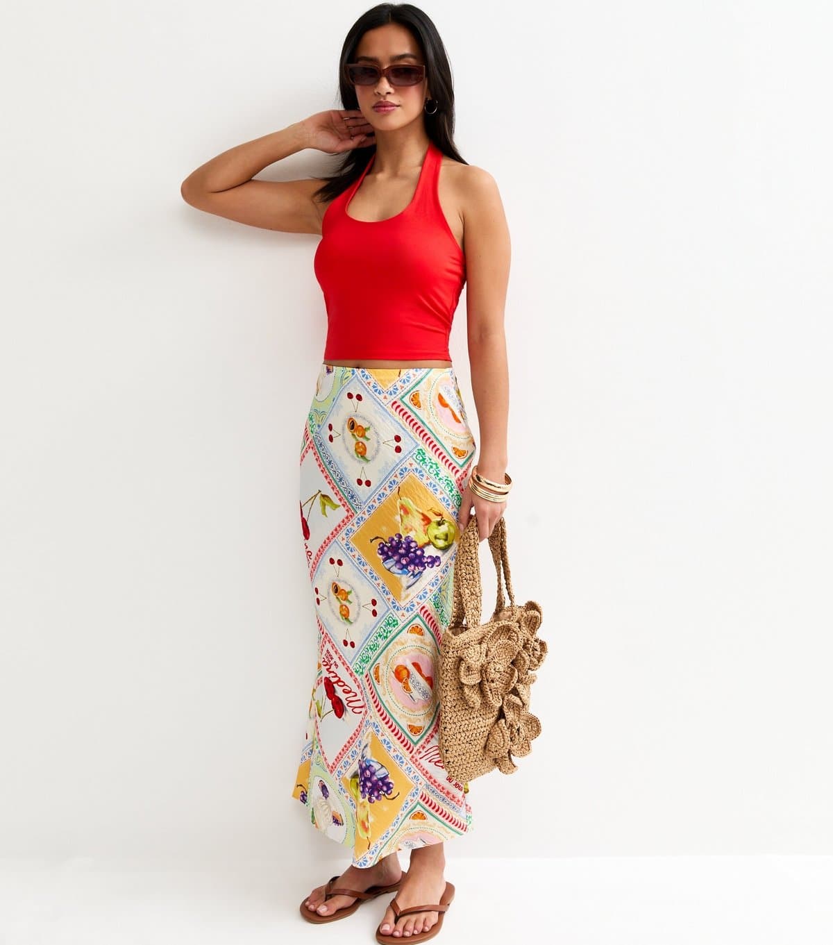 New Look Women's Petite Multicolour Still Life Print Bias Cut Midi Skirt New Look