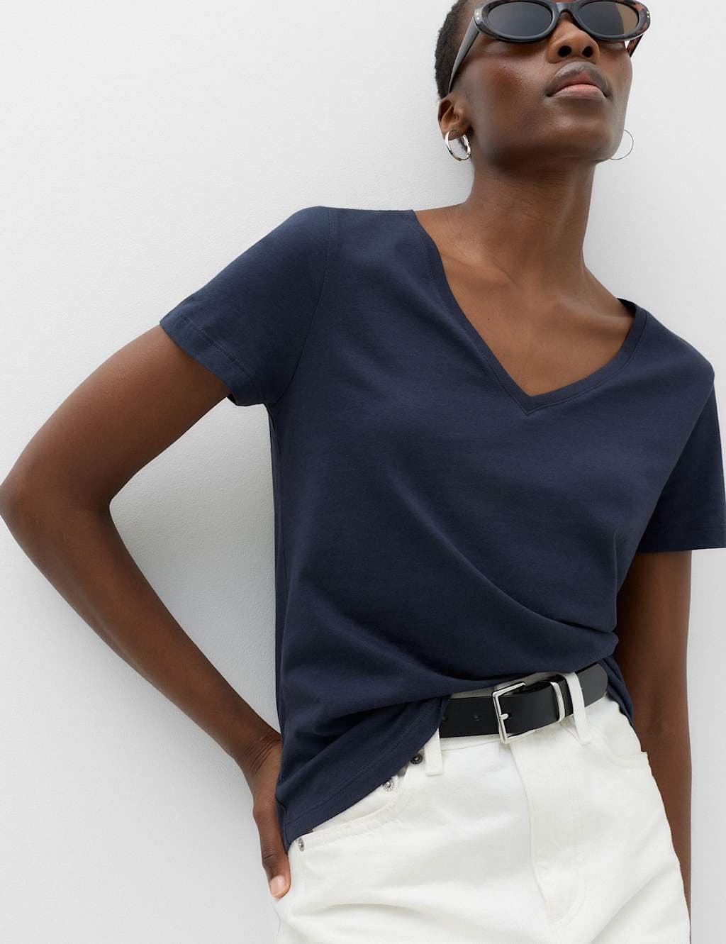 Marks & Spencer M&S Pure Cotton V-Neck T-Shirt Navy