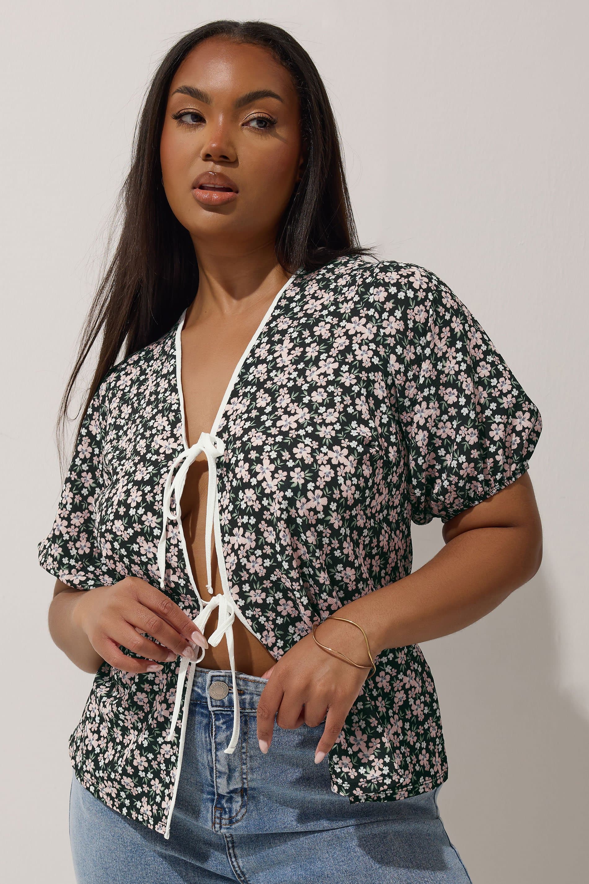 Limited Collection Curve Black Ditsy Floral Bow Tie Front Top