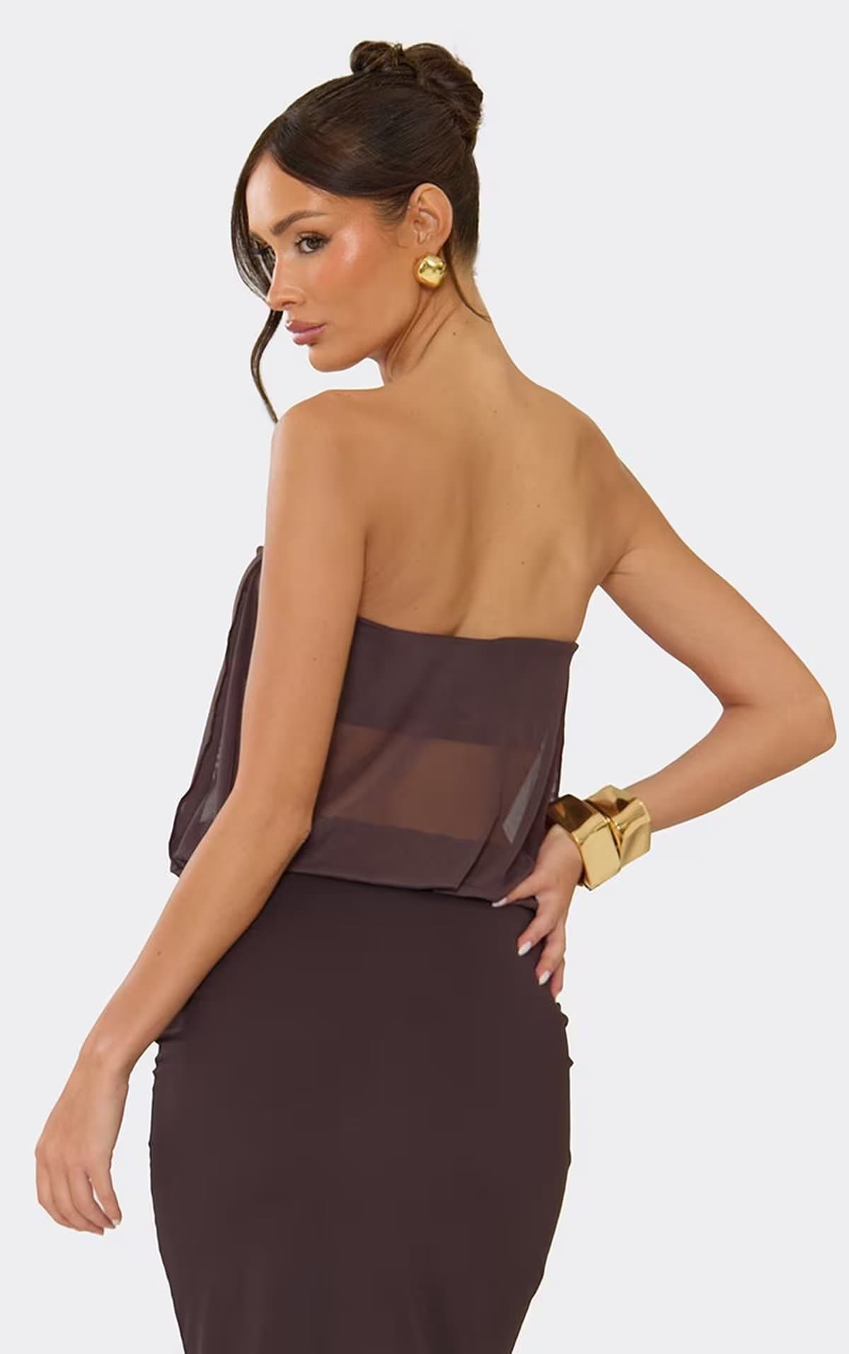 EGO Bandeau Blouson Top In Chocolate Brown Mesh., Women's Size UK 6
