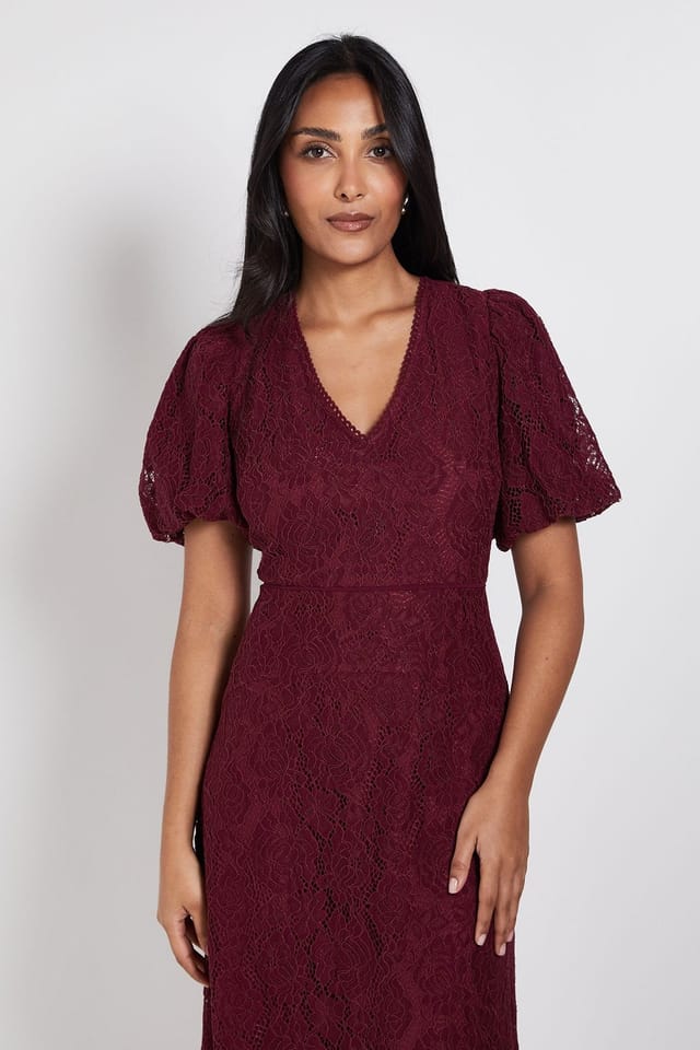 Wallis Wallis Women's Petite Lace Drop Hem Midi Dress in Plum - 2