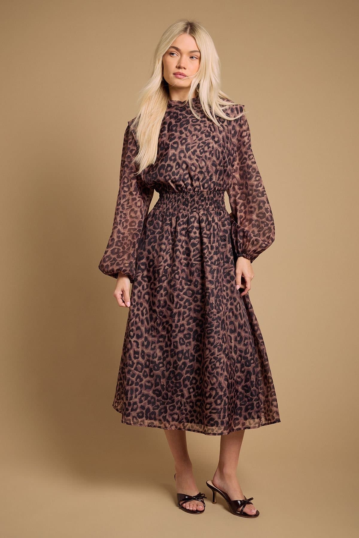 Oasis Oasis Women's Leopard Organza Shirred Waist Midi Dress in Animal