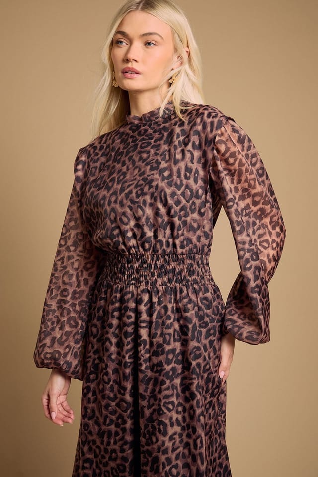 Oasis Oasis Women's Leopard Organza Shirred Waist Midi Dress in Animal - 2