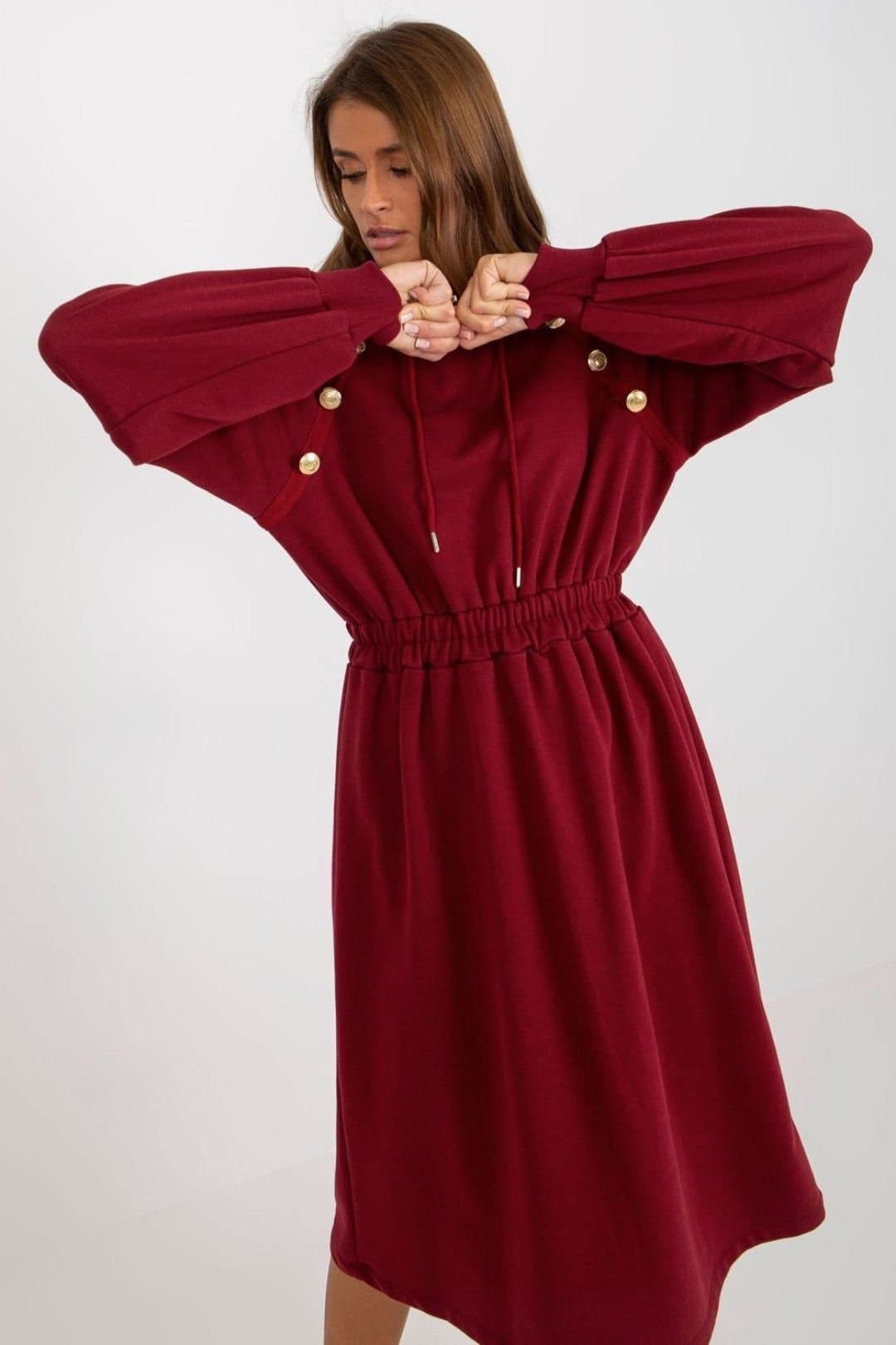 Love Lace Love Lace Women's Everyday Hooded Sweatshirt Dress With Buttons in Red