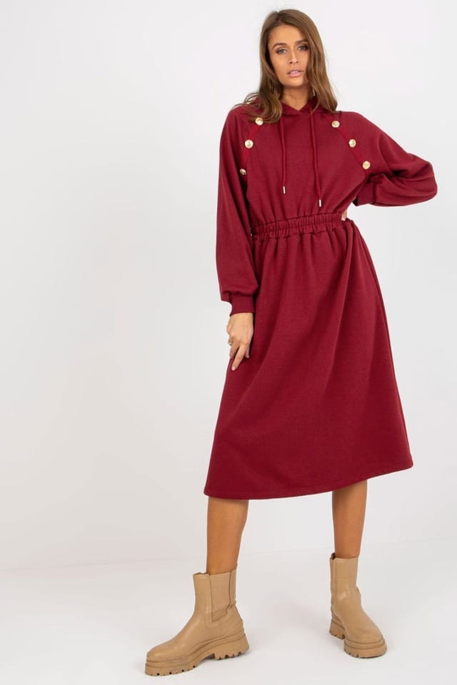 Love Lace Love Lace Women's Everyday Hooded Sweatshirt Dress With Buttons in Red - 2