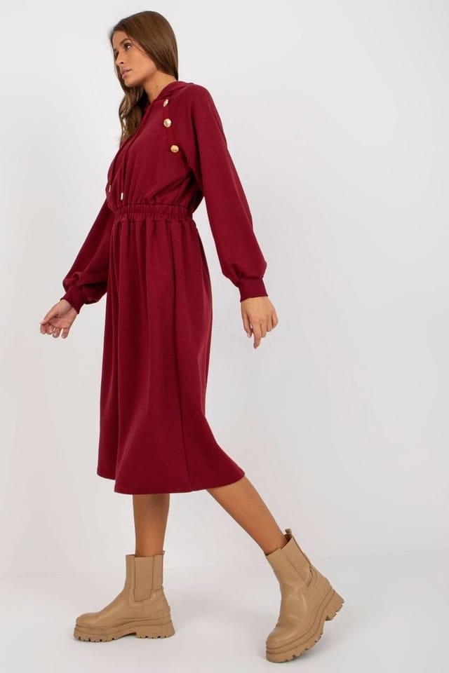 Love Lace Love Lace Women's Everyday Hooded Sweatshirt Dress With Buttons in Red - 3