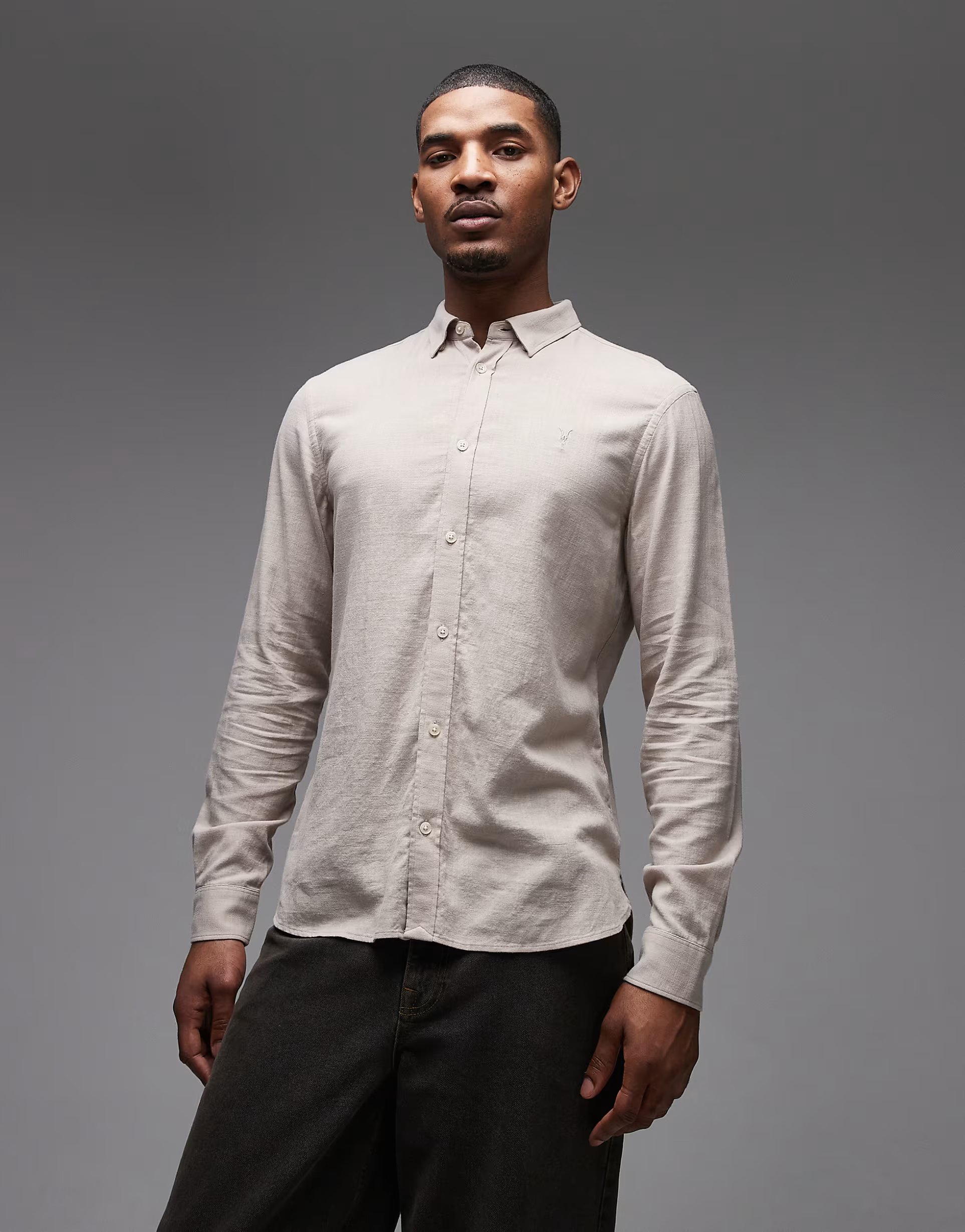 ASOS AllSaints Ashi long sleeve shirt in sand - 1