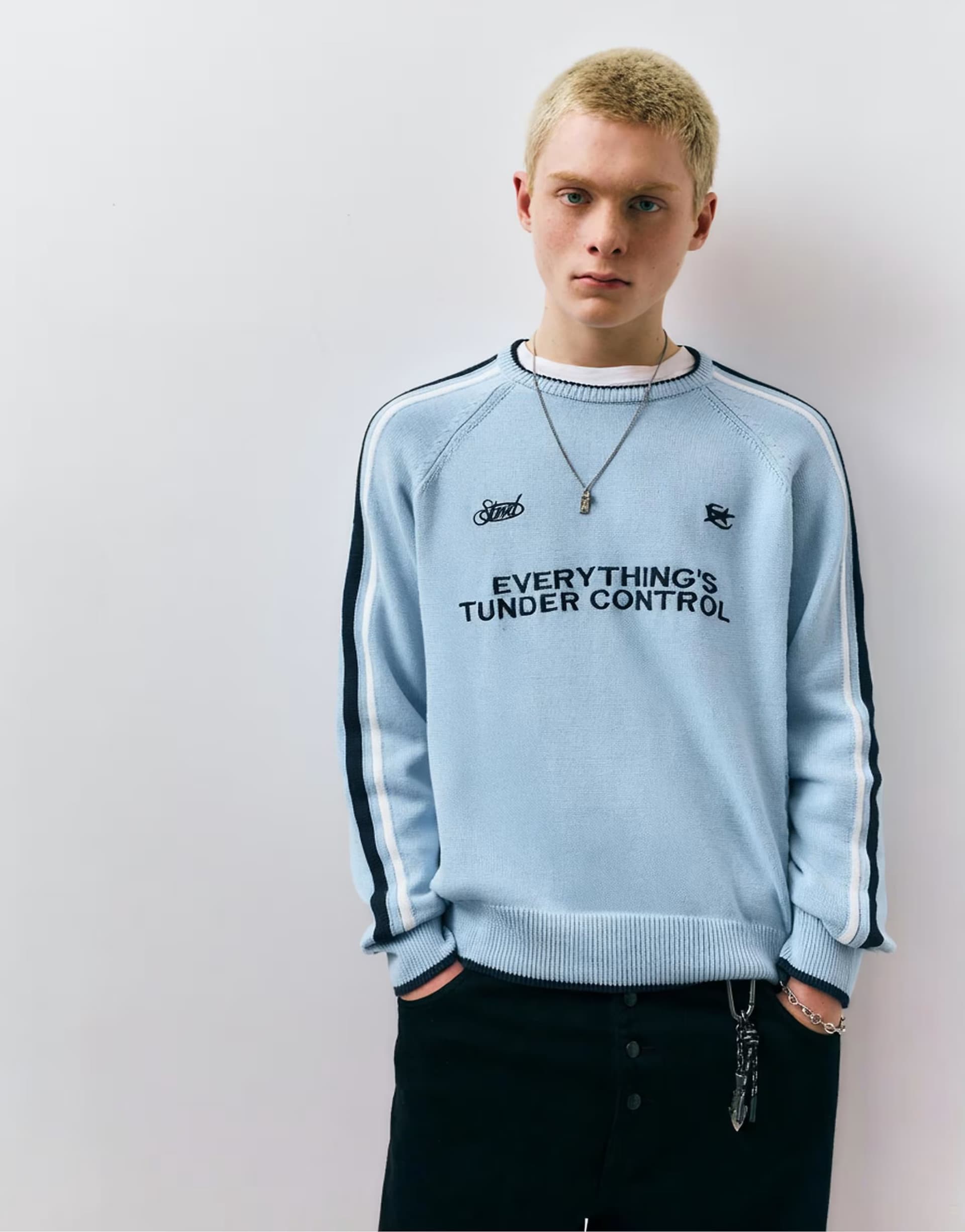 ASOS Pull&Bear Stwd embroidered striped jumper in sky blue