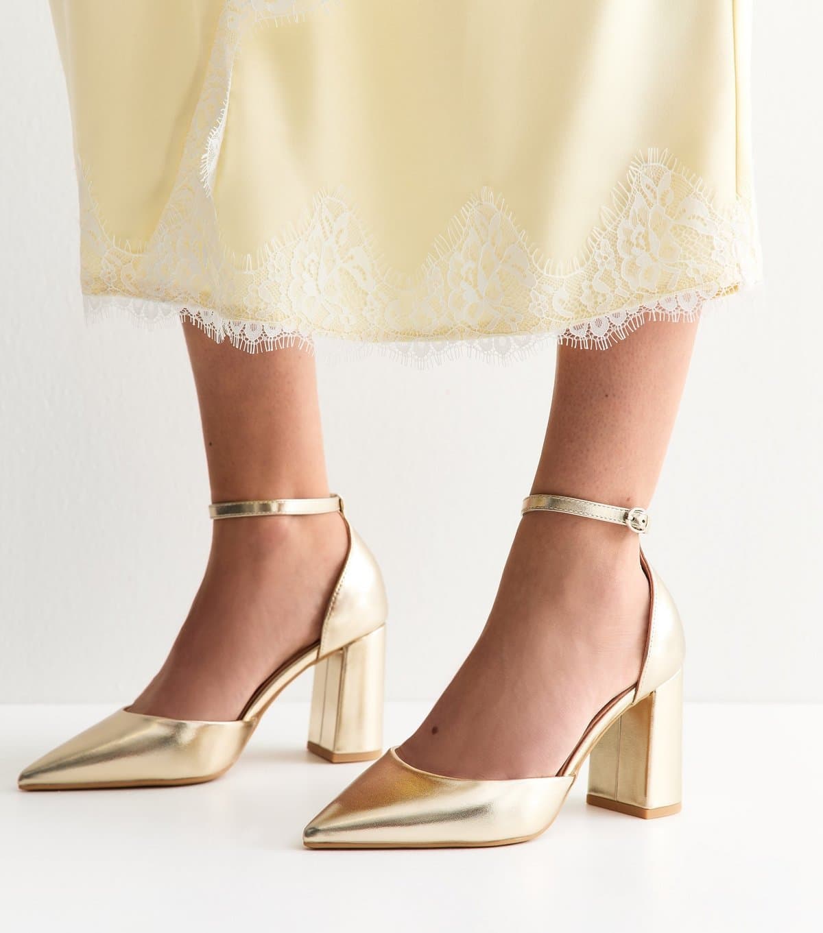 New Look Women's Wide Fit Gold Faux Leather Ankle Strap Court Shoes Vegan New Look