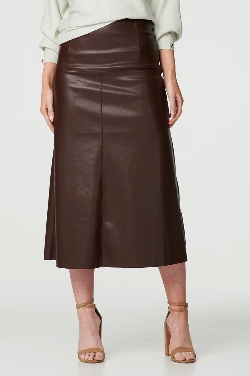 Izabel London Izabel London Women's Faux Leather High Waist Midi Skirt in Brown - 2