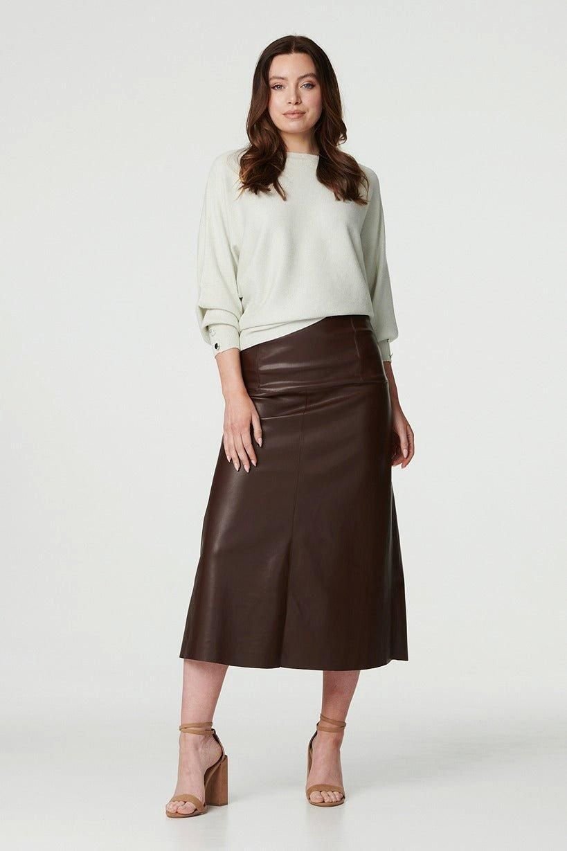 Izabel London Izabel London Women's Faux Leather High Waist Midi Skirt in Brown - 3