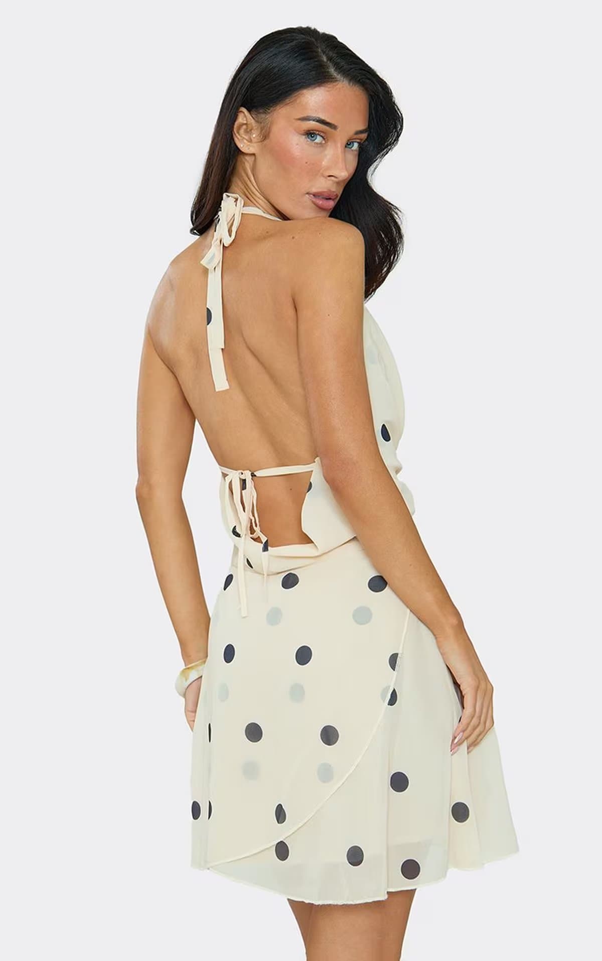 EGO Cowl Halterneck Open Back Mini Dress In Beige Polka Dot., Women's Size UK S
