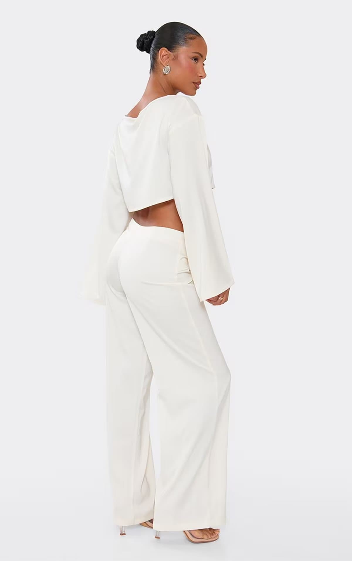 EGO Mid Rise Tie Waist Detail Wide Leg Trousers In Cream Satin, Women's Size UK 6