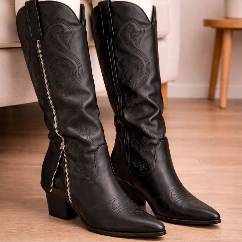Truffle Collection Truffle Collection Women's Knee Boots Pointed Toe Zip Fastening Polyurethane Block Heel Shoes in Black