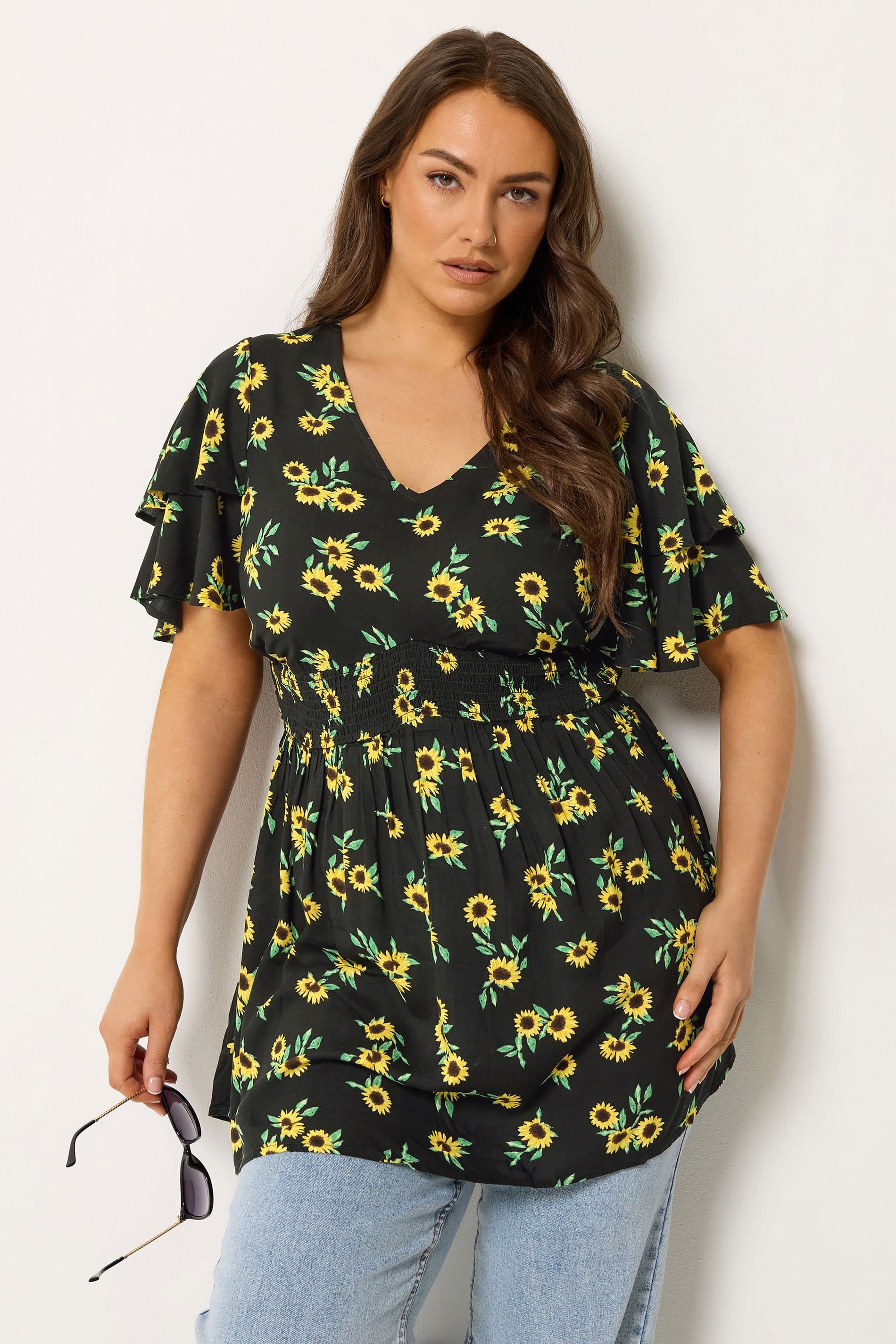 Yours Plus Size Black Sunflower Print Flutter Sleeve Top