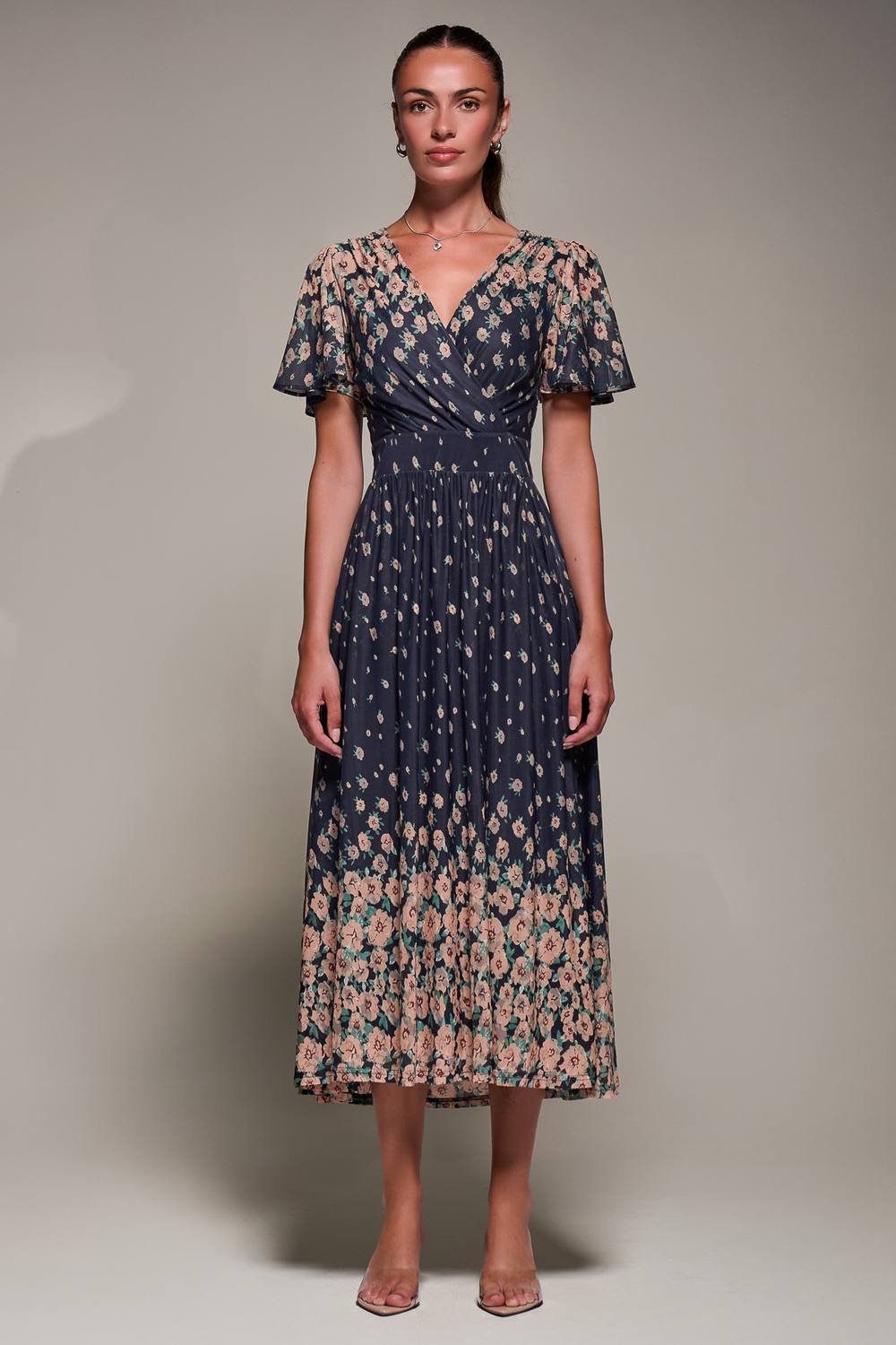 Jolie Moi Jolie Moi Women's Mirrored Mesh Short Sleeve Midaxi Dress in Navy - 2