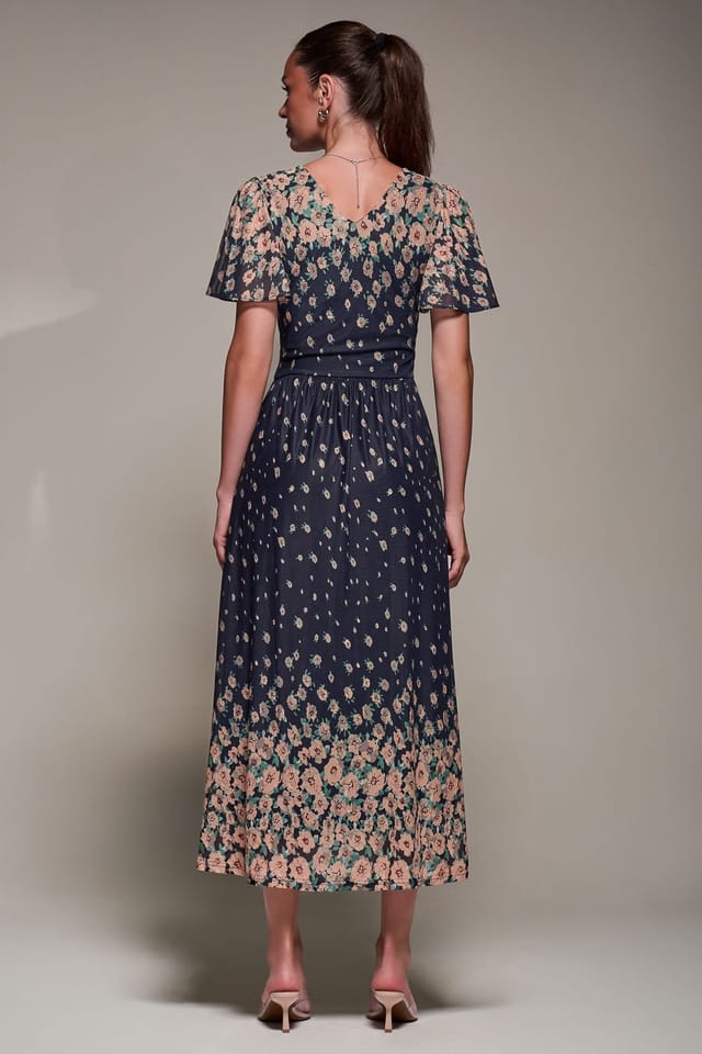 Jolie Moi Jolie Moi Women's Mirrored Mesh Short Sleeve Midaxi Dress in Navy - 2