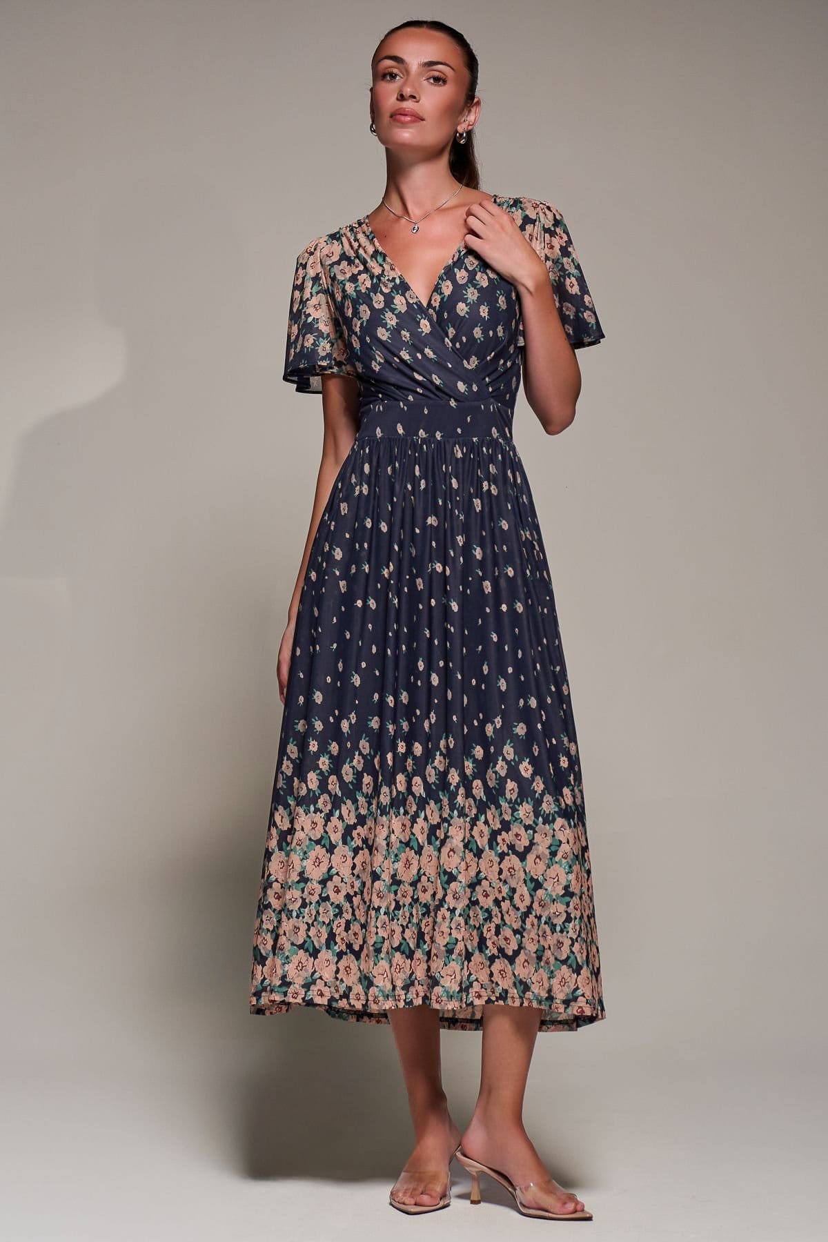 Jolie Moi Jolie Moi Women's Mirrored Mesh Short Sleeve Midaxi Dress in Navy - 4