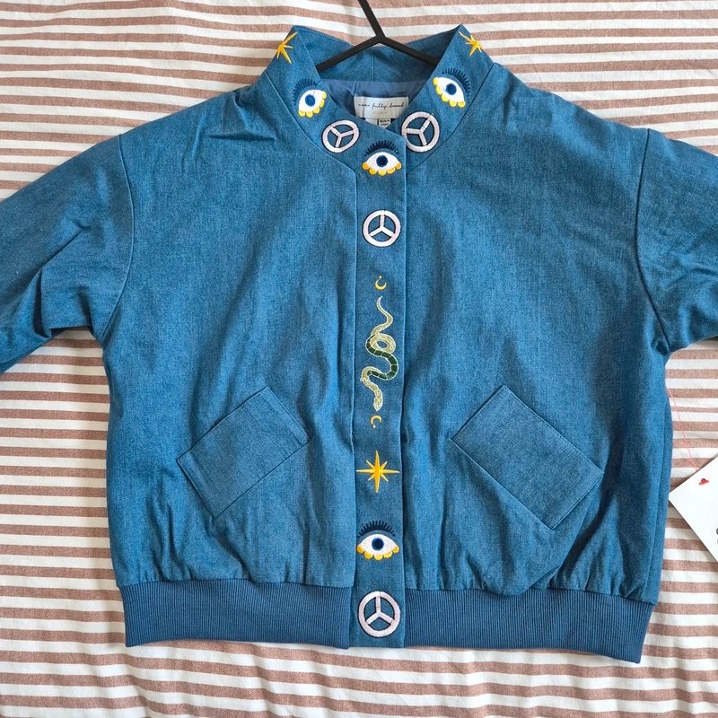 Never Fully Dressed Never Fully Dressed Denim Embroidered bomber jacket size S 8 10 BNWT retro recycled materials - 1