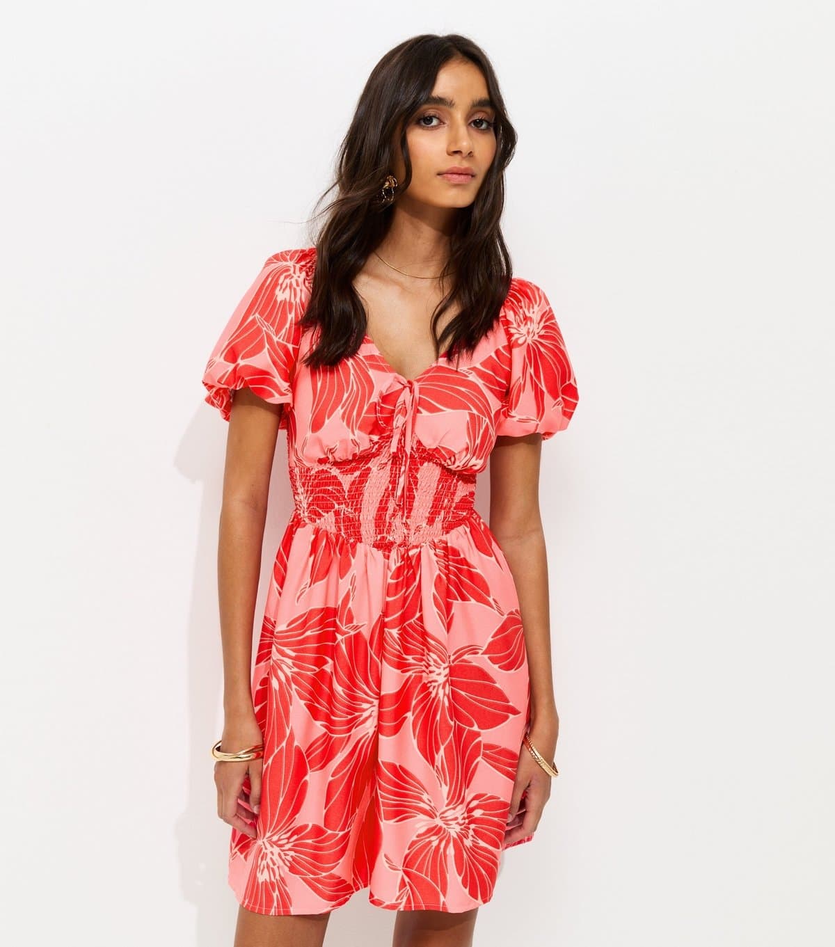 New Look Women's Pink Crepe Floral Puff Sleeve Shirred Mini Dress New Look