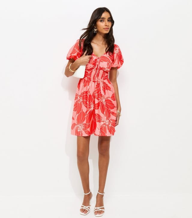 New Look Women's Pink Crepe Floral Puff Sleeve Shirred Mini Dress New Look - 2