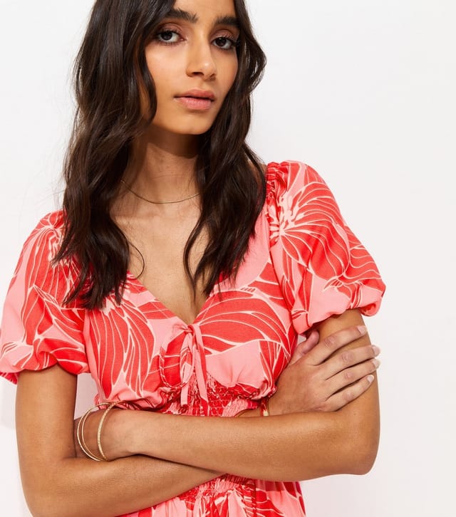 New Look Women's Pink Crepe Floral Puff Sleeve Shirred Mini Dress New Look - 3